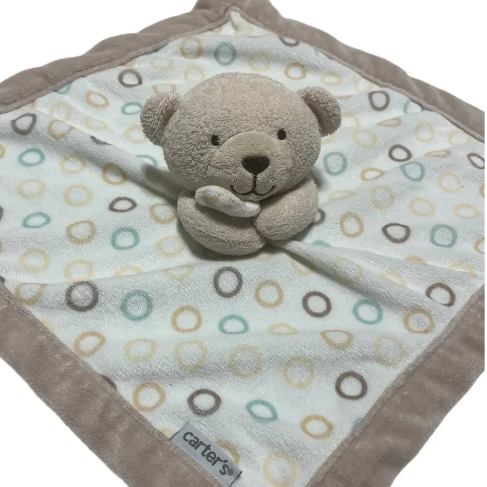 Carter’s Tan Bear Lovey White Circles Baby Security Blanket Teddy 14”